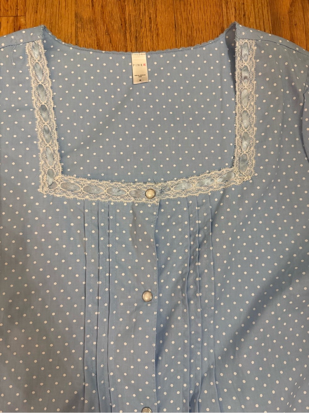 PINK Blue Polka Dot Lace Trim Pearl Button Short Sleeve Nightgown Grandma Core M - Picture 3 of 9